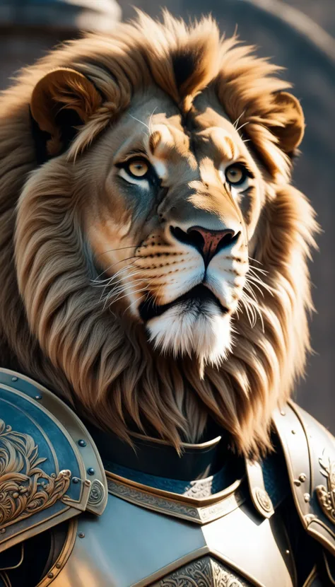 a lion in armor poses for a picture, cinematic close shot