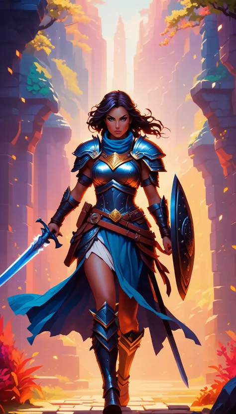 Pixel art of a fierce female warrior with a sword and shield in a fantasy setting, featuring vibrant colors, dynamic lighting, and a dramatic, epic mood