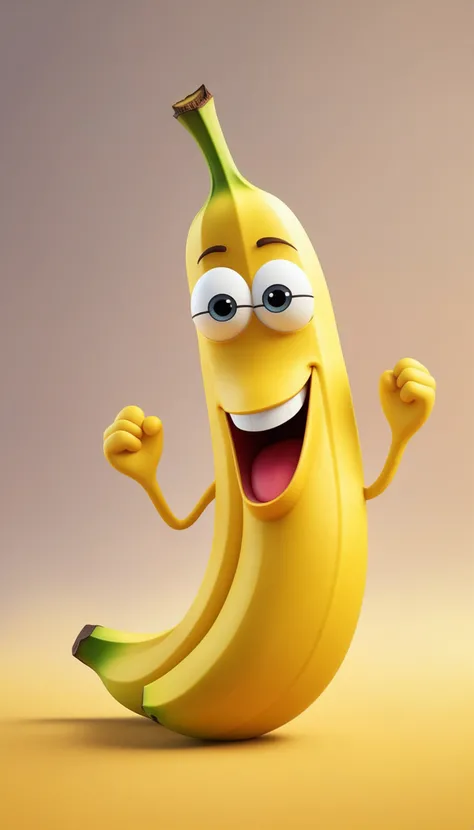 a happy cartoon banana fruit, Pixar Style, perfect composition, 8k artistic photography, photorealistic concept art, masterpiece