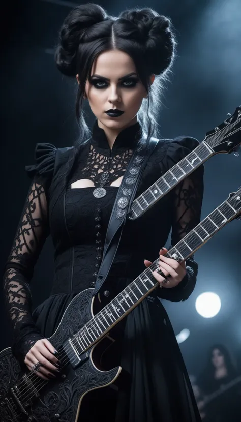 swedish metal rock girl holding a guitar, intense stare into camera, with gothic make-up, intricate details, highly detailed eyes, fancy hair and dark gothic dress, flash photo, on stage, intricate details