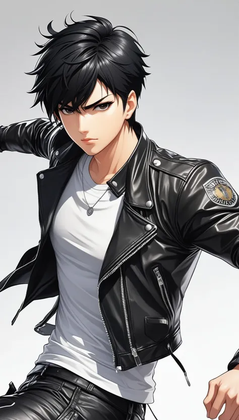 1boy, black hair, white background, short cut hair, leather jacket, tshirt, upper body, detailed shape, detailed line, art of fighting attitude, color manga style