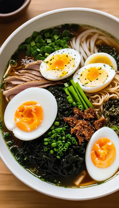 bowl of steaming hot ramen noodles, with a variety of toppings including sliced pork, boiled egg, green onions, and a sheet of nori (dried seaweed). The broth looks rich and flavorful, likely made from a combination of chicken, pork, and dashi.