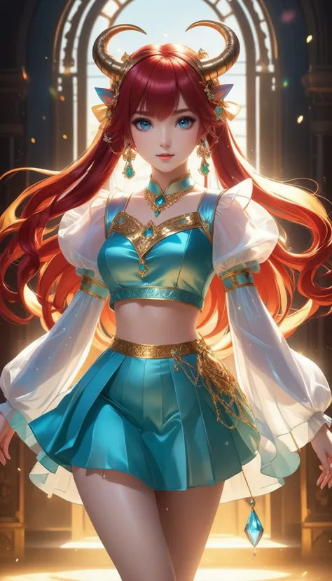 1girl, solo, back light, rainbow, aqua eyes, fake horns, red hair, long hair, crop top, jewelry, horns, veil, bracer, brooch, puffy long sleeves, skirt, bangs, low twintails, puffy sleeves, neck ring, gold trim, parted bangs, arm up, blue skirt, hair ornament, detached sleeves, floating hair, gem, hair flower, blue gemstone