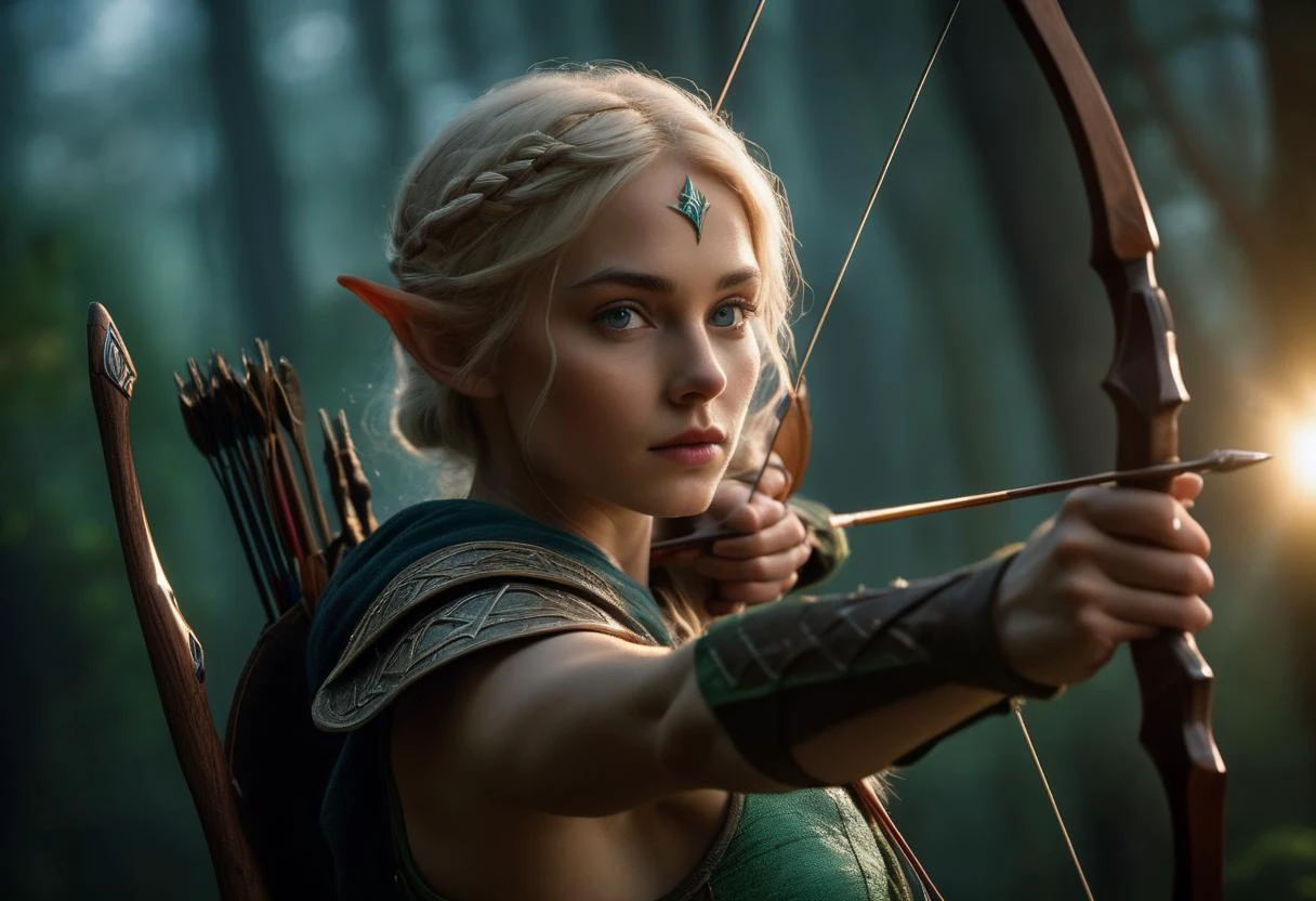 ((cinemtic shoot)) ((fantasy)) , ((rpg)), ((focus on character)), photo of 1 girl, petite body, 18 yo girl, slender, small breasts , pixie bob from akaviri , as elven ranger - pointy ears, archer with bow, long bow , elvish bow, elvish light armor, wooden elves, blonde, aiming with bow, arrows, , crazy face BREAK, perfect detailed face, intricated skin, realistic, ((photorealistic)) rim lights, dark shadows, cinematic scene , movie shoot , dark, zPDXL , , defined muscles, extremely detailed, glass reflection, dark shadows, detailed hands, (realistic fingers:1.3), hard light hard shadows, ,vellus,subcutaneous veins,, shallow depth of field, vignette, highly detailed, high budget Hollywood film, cinemascope, moody, epic, gorgeous, detailed background , ((darkfull )) , detailed realistic toes SK_Fantasy