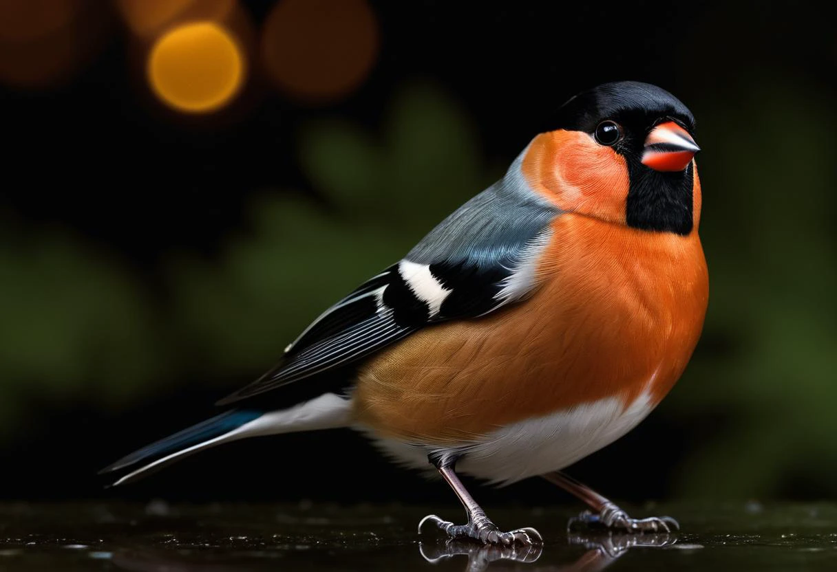 ((raw photo)), cinematic film still , European Bullfinch (Pyrrhula pyrrhula): A colorful bird with a black cap and wings, complemented by a reddish-orange breast. ,animal, realistic, ((photorealistic)) rim lights, dark shadows, cinematic scene , movie shoot , dark, zPDXL , , extremely detailed, glass reflection, dark shadows, detailed hands, (realistic fingers:1.3), hard light hard shadows,, shallow depth of field, vignette, highly detailed, high budget Hollywood film, cinemascope, moody, epic, gorgeous,
