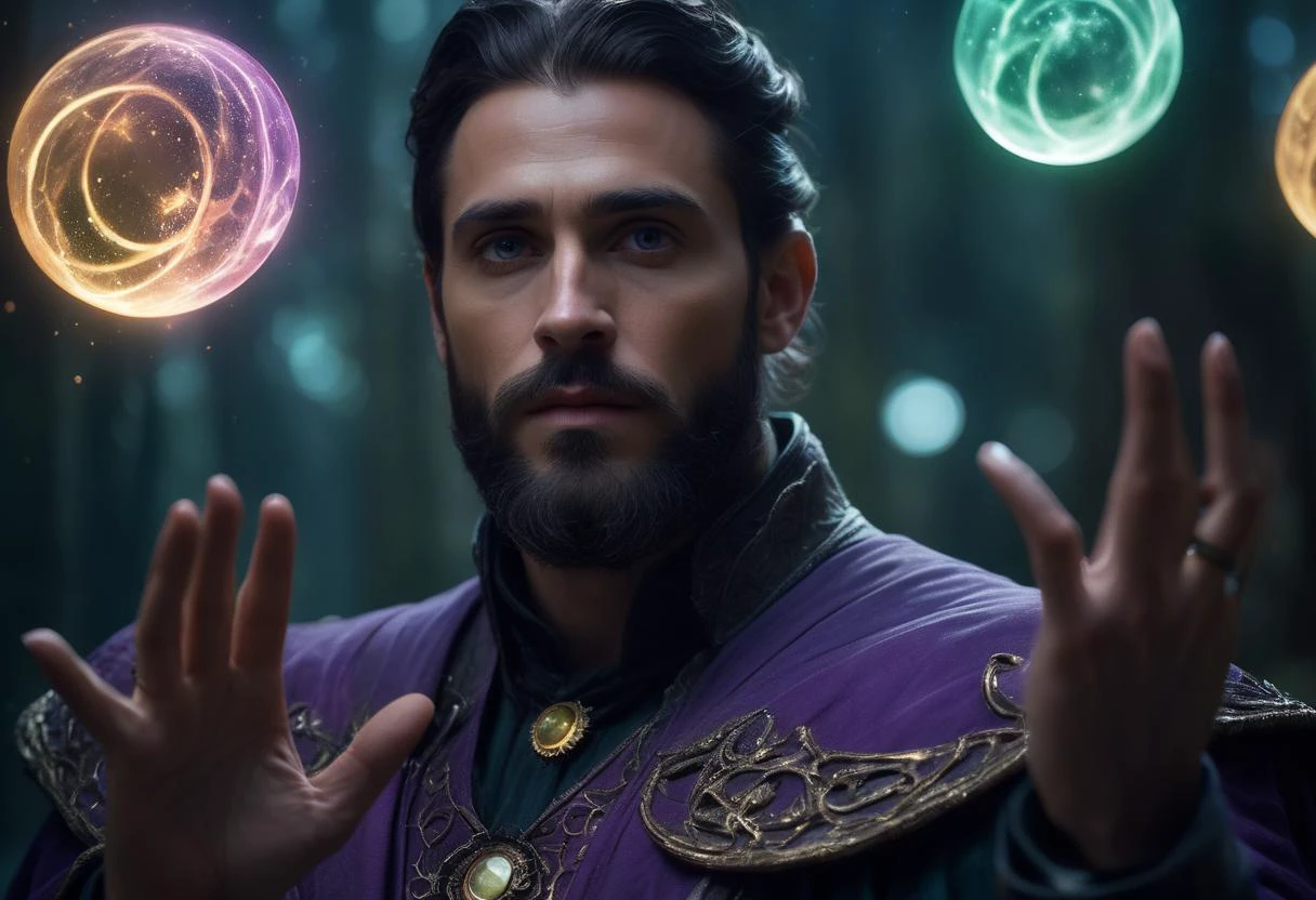 ((cinemtic shoot)) ((fantasy)) , ((rpg)), ((focus on character)), photo of 1 man with Rap Industry Standard Beard and Messy bun hairsytle from imperials , as Warlock - wear glowing magic armor with mystery letters, magic circles in air, casting magic, magic gests, glowing purple green circles, intricated, , hungry BREAK, perfect detailed face, intricated skin, realistic, ((photorealistic)) rim lights, dark shadows, cinematic scene , movie shoot , dark, zPDXL , , defined muscles, extremely detailed, glass reflection, dark shadows, detailed hands, (realistic fingers:1.3), hard light hard shadows, ,vellus,subcutaneous veins,, shallow depth of field, vignette, highly detailed, high budget Hollywood film, cinemascope, moody, epic, gorgeous, detailed background , ((darkfull )) , detailed realistic toes SK_Fantasy