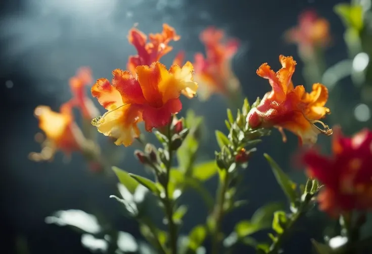 ((extremally close shoot)) (macro shoot), Fiery Snapdragon - A flower with petals that burst into small flames when touched. BREAK, realistic, ((photorealistic)), extremely detailed, glass reflection, dark shadows, hard light hard shadows, shallow depth of field,highly detailed, high budget Hollywood film, , ((darkfull )) , detailed, focus on material
