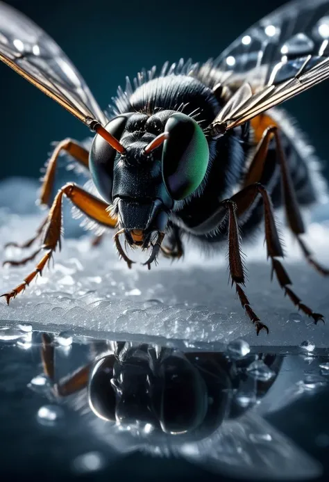 ((cinemtic shoot)) ((close shoot)) Frozen Insects: Capture the intricate details and unique perspectives of insects trapped in ice, creating a surreal and captivating composition. BREAK, realistic, ((photorealistic)) rim lights, dark shadows, cinematic scene , shoot , dark, , , extremely detailed, glass reflection, dark shadows, hard light hard shadows, ,, shallow depth of field, vignette, highly detailed, high budget Hollywood film, cinemascope, moody, epic, gorgeous, detailed background , ((darkfull )) , detailed