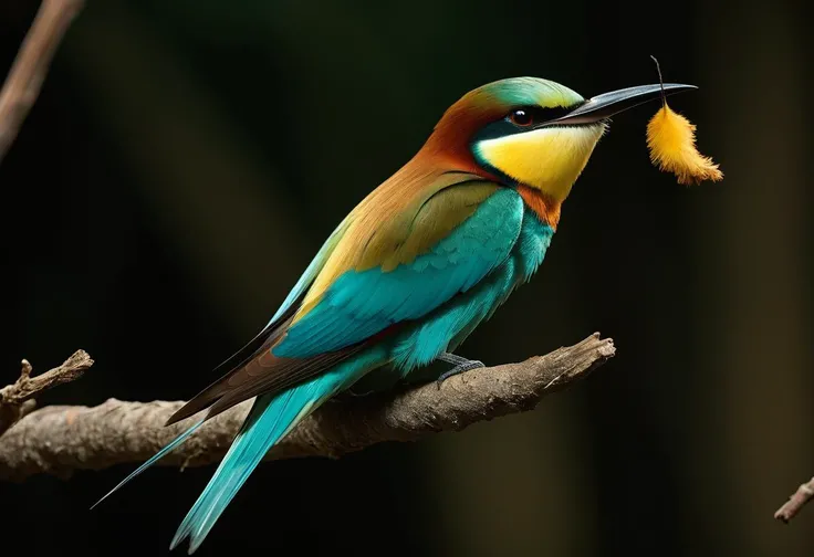 ((raw photo)), cinematic film still , European Bee-eater (Merops apiaster): A vibrantly colored bird with a golden-yellow throat and belly, turquoise wings, and a reddish-brown back. The long, pointed bill aids in catching flying insects. ,animal, realistic, ((photorealistic)) rim lights, dark shadows, cinematic scene , shoot , dark, zPDXL , , extremely detailed, glass reflection, dark shadows, detailed hands, (realistic fingers:1.3), hard light hard shadows,, shallow depth of field, vignette, highly detailed, high budget Hollywood film, cinemascope, moody, epic, gorgeous,