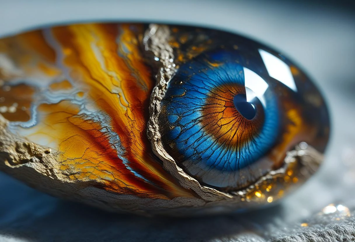 ((extremally close shoot)) (macro shoot), Gryphon's Eye Agate: A gemstone with a mesmerizing pattern of browns, golds, and blues, said to be the eye of a gryphon. BREAK, realistic, ((photorealistic)), extremely detailed, glass reflection, dark shadows, hard light hard shadows, shallow depth of field,highly detailed, high budget Hollywood film, , ((darkfull )) , detailed, focus on material