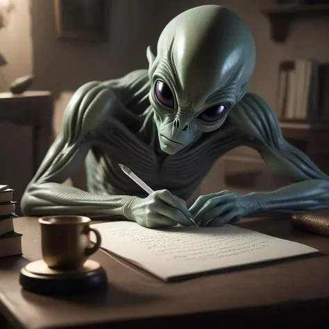 award winning photo of an alien writing poetry