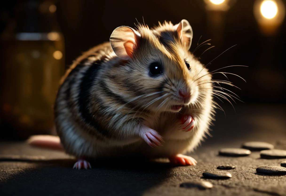 ((raw photo)), cinematic film still , European Hamster (Cricetus cricetus): A small, rotund rodent with a stout body and cheek pouches for storing food. The dense fur is predominantly gray-brown, with a distinctive black stripe along the back. ,animal, realistic, ((photorealistic)) rim lights, dark shadows, cinematic scene , movie shoot , dark, zPDXL , , extremely detailed, glass reflection, dark shadows, detailed hands, (realistic fingers:1.3), hard light hard shadows,, shallow depth of field, vignette, highly detailed, high budget Hollywood film, cinemascope, moody, epic, gorgeous,