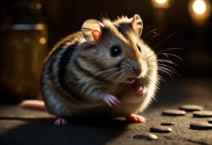 ((raw photo)), cinematic film still , European Hamster (Cricetus cricetus): A small, rotund rodent with a stout body and cheek pouches for storing food. The dense fur is predominantly gray-brown, with a distinctive black stripe along the back.  ,animal,  realistic, ((photorealistic)) rim lights, dark shadows, cinematic scene , movie shoot  , dark, zPDXL ,  ,  extremely detailed, glass reflection, dark shadows, detailed hands, (realistic fingers:1.3), hard light hard shadows,, shallow depth of field, vignette, highly detailed, high budget Hollywood film, cinemascope, moody, epic, gorgeous,