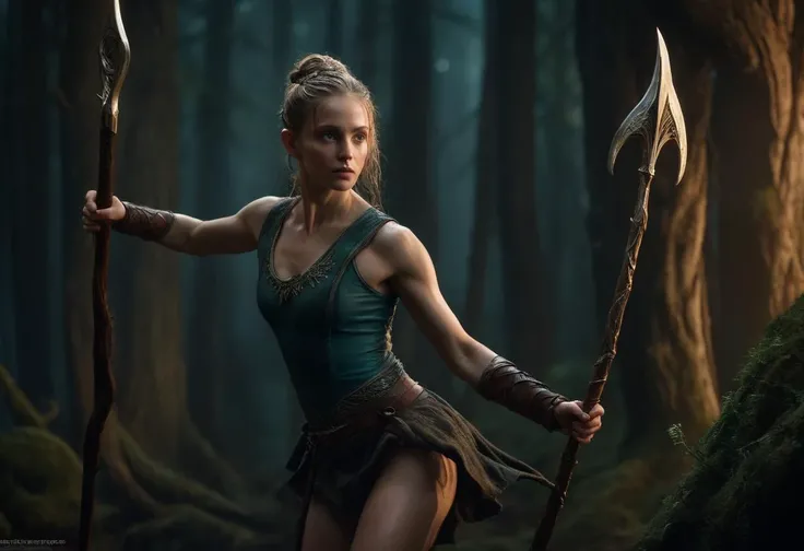 ((cinemtic shoot)) ((fantasy)) , ((rpg)),   ((focus on character)),  photo of   1 girl, petite body, 18 yo girl,  slender, small breasts , Textured topknot   from wood elves (bosmer) , as berseker - strong, fit, muscular body, bare chest, (body builder:1.3), hold long, large spear, wooden grip  in hands, wild, ready to battle, sweat, oiled, wet hair, , crying   BREAK, perfect detailed face, intricated skin,   realistic, ((photorealistic)) rim lights, dark shadows, cinematic scene , movie shoot  , dark, zPDXL  , , defined muscles, extremely detailed, glass reflection, dark shadows, detailed hands, (realistic fingers:1.3), hard light hard shadows, ,vellus,subcutaneous veins,, shallow depth of field, vignette, highly detailed, high budget Hollywood film, cinemascope, moody, epic, gorgeous, detailed background ,  ((darkfull )) , detailed  realistic toes   SK_Fantasy