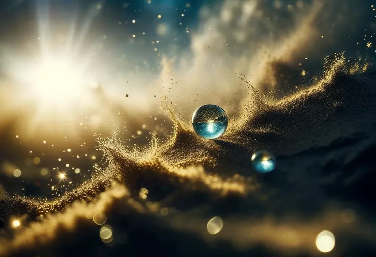 ((extremally close shoot)) (macro shoot),  Dust Particles Illuminated: Close-up of dust particles illuminated by a beam of light, resembling a miniature galaxy with swirling particles and glittering dust. (macro, abstract, gold tones, dust)  BREAK,  realistic, ((photorealistic)), extremely detailed, glass reflection, dark shadows, hard light hard shadows, shallow depth of field,highly detailed, high budget Hollywood film,  ,  ((darkfull )) , detailed, focus on material