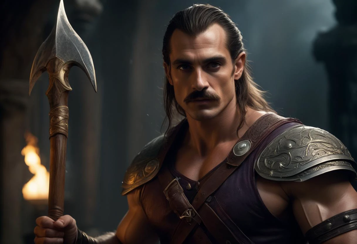 ((cinemtic shoot)) ((fantasy)) , ((rpg)), ((focus on character)), photo of 1 man with Zappa Mustache and Low ponytail hairsytle from high elves (altmer) , as berseker - strong, fit, muscular body, bare chest, (body builder:1.3), hold large axe with white blades, in hands, wild, ready to battle, sweat, oiled, wet hair, , sad BREAK, perfect detailed face, intricated skin, realistic, ((photorealistic)) rim lights, dark shadows, cinematic scene , movie shoot , dark, zPDXL , , defined muscles, extremely detailed, glass reflection, dark shadows, detailed hands, (realistic fingers:1.3), hard light hard shadows, ,vellus,subcutaneous veins,, shallow depth of field, vignette, highly detailed, high budget Hollywood film, cinemascope, moody, epic, gorgeous, detailed background , ((darkfull )) , detailed realistic toes SK_Fantasy
