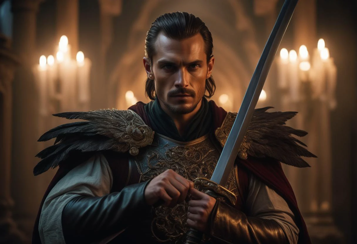 ((cinemtic shoot)) ((fantasy)) , ((rpg)), ((focus on character)), photo of 1 man with Extended Mutton Chops and Pompadour hairsytle from imperials , as blademaster - strong, fit, muscular body, bare chest, hold ancient katana in hands, intricated blade, magic symbols, glowing eyes, , crazy face BREAK, perfect detailed face, intricated skin, realistic, ((photorealistic)) rim lights, dark shadows, cinematic scene , movie shoot , dark, zPDXL , , defined muscles, extremely detailed, glass reflection, dark shadows, detailed hands, (realistic fingers:1.3), hard light hard shadows, ,vellus,subcutaneous veins,, shallow depth of field, vignette, highly detailed, high budget Hollywood film, cinemascope, moody, epic, gorgeous, detailed background , ((darkfull )) , detailed realistic toes SK_Fantasy