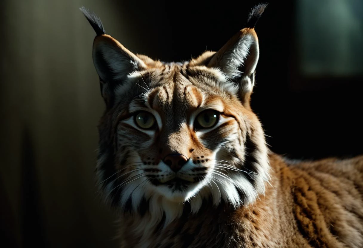 ((raw photo)), cinematic film still , European Lynx (Lynx lynx): A stunning and elusive cat with a ruff of fur around the face and tufted ears. ,animal, realistic, ((photorealistic)) rim lights, dark shadows, cinematic scene , movie shoot , dark, zPDXL , , extremely detailed, glass reflection, dark shadows, detailed hands, (realistic fingers:1.3), hard light hard shadows,, shallow depth of field, vignette, highly detailed, high budget Hollywood film, cinemascope, moody, epic, gorgeous,