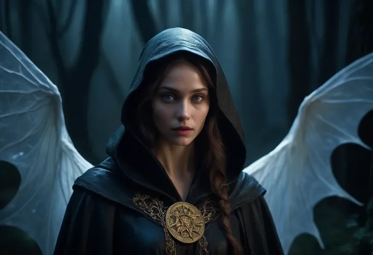 ((cinemtic shoot)) ((fantasy)) , ((rpg)), ((focus on character)), photo of 1 girl, petite body, 18 yo girl, slender, small breasts , head wings from nords , as killer - black robe, with hood, face in the dark, glowing eyes, glowing in the dark , golden coin long boots , leather outfit in hand , sad BREAK, perfect detailed face, intricated skin, realistic, ((photorealistic)) rim lights, dark shadows, cinematic scene , movie shoot , dark, zPDXL , , defined muscles, extremely detailed, glass reflection, dark shadows, detailed hands, (realistic fingers:1.3), hard light hard shadows, ,vellus,subcutaneous veins,, shallow depth of field, vignette, highly detailed, high budget Hollywood film, cinemascope, moody, epic, gorgeous, detailed background , ((darkfull )) , detailed realistic toes SK_Fantasy