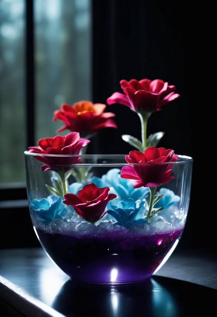 ((cinemtic shoot)) ((close shoot)) Frozen flowers: Fill a container with water and freeze it with flowers inside to create a stunning icy landscape. Use food coloring to add a splash of color. BREAK, realistic, ((photorealistic)) rim lights, dark shadows, cinematic scene , movie shoot , dark, , , extremely detailed, glass reflection, dark shadows, hard light hard shadows, ,, shallow depth of field, vignette, highly detailed, high budget Hollywood film, cinemascope, moody, epic, gorgeous, detailed background , ((darkfull )) , detailed