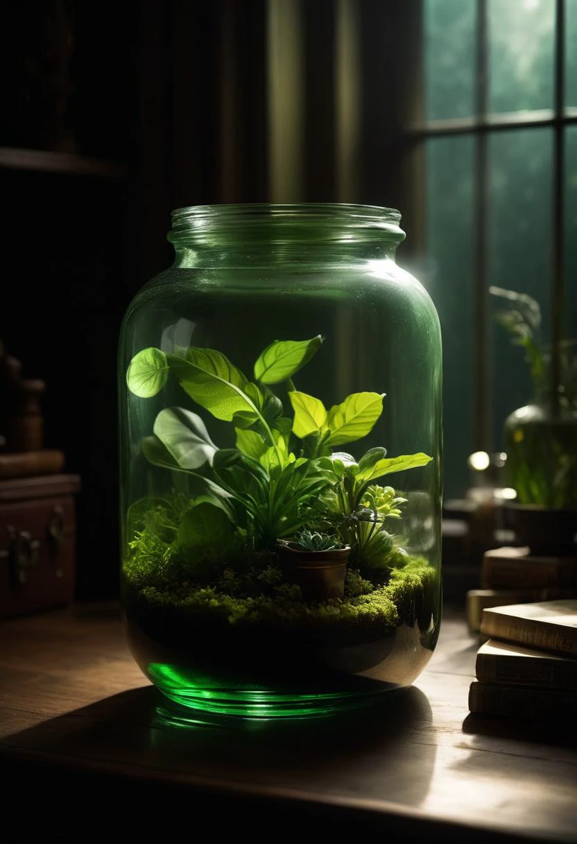 ((cinemtic shoot)) ((close shoot)) Green smoke-filled glass jar or terrarium: Capture the green smoke as it fills a glass jar or terrarium, creating a mysterious and intriguing object. BREAK, realistic, ((photorealistic)) rim lights, dark shadows, cinematic scene , movie shoot , dark, , , extremely detailed, glass reflection, dark shadows, hard light hard shadows, ,, shallow depth of field, vignette, highly detailed, high budget Hollywood film, cinemascope, moody, epic, gorgeous, detailed background , ((darkfull )) , detailed