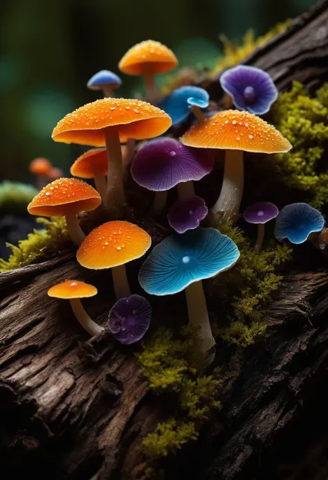 ((cinemtic shoot)) ((close shoot)) Tiny, colorful fungi growing on a decaying log BREAK, realistic, ((photorealistic)) rim lights, dark shadows, cinematic scene , movie shoot , dark, , , extremely detailed, glass reflection, dark shadows, hard light hard shadows, ,, shallow depth of field, vignette, highly detailed, high budget Hollywood film, cinemascope, moody, epic, gorgeous, detailed background , ((darkfull )) , detailed