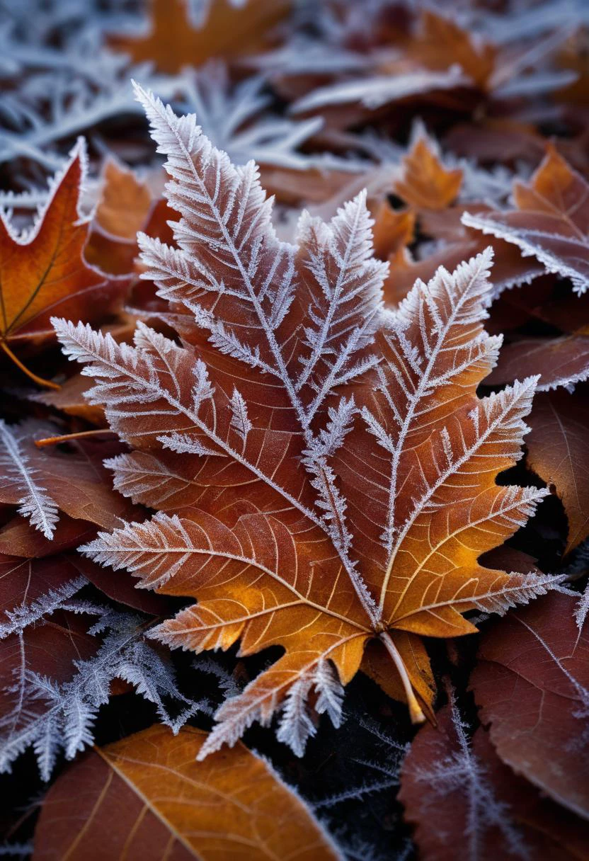 ((cinemtic shoot)) ((close shoot)) Frost crystals on a fallen autumn leaf BREAK, realistic, ((photorealistic)) rim lights, dark shadows, cinematic scene , movie shoot , dark, , , extremely detailed, glass reflection, dark shadows, hard light hard shadows, ,, shallow depth of field, vignette, highly detailed, high budget Hollywood film, cinemascope, moody, epic, gorgeous, detailed background , ((darkfull )) , detailed