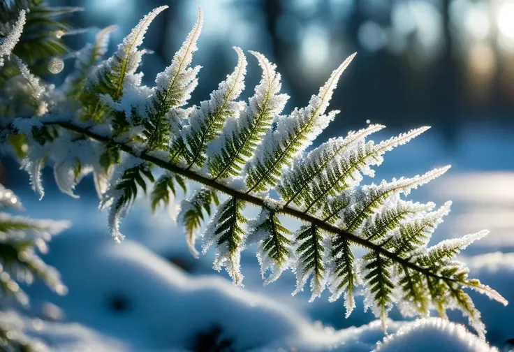 ((extremally close shoot)) (macro shoot), Frostfeather Fern - A fern with frosty, feathery fronds that sway gracefully in the breeze. BREAK, realistic, ((photorealistic)), extremely detailed, glass reflection, dark shadows, hard light hard shadows, shallow depth of field,highly detailed, high budget Hollywood film, , ((darkfull )) , detailed, focus on material