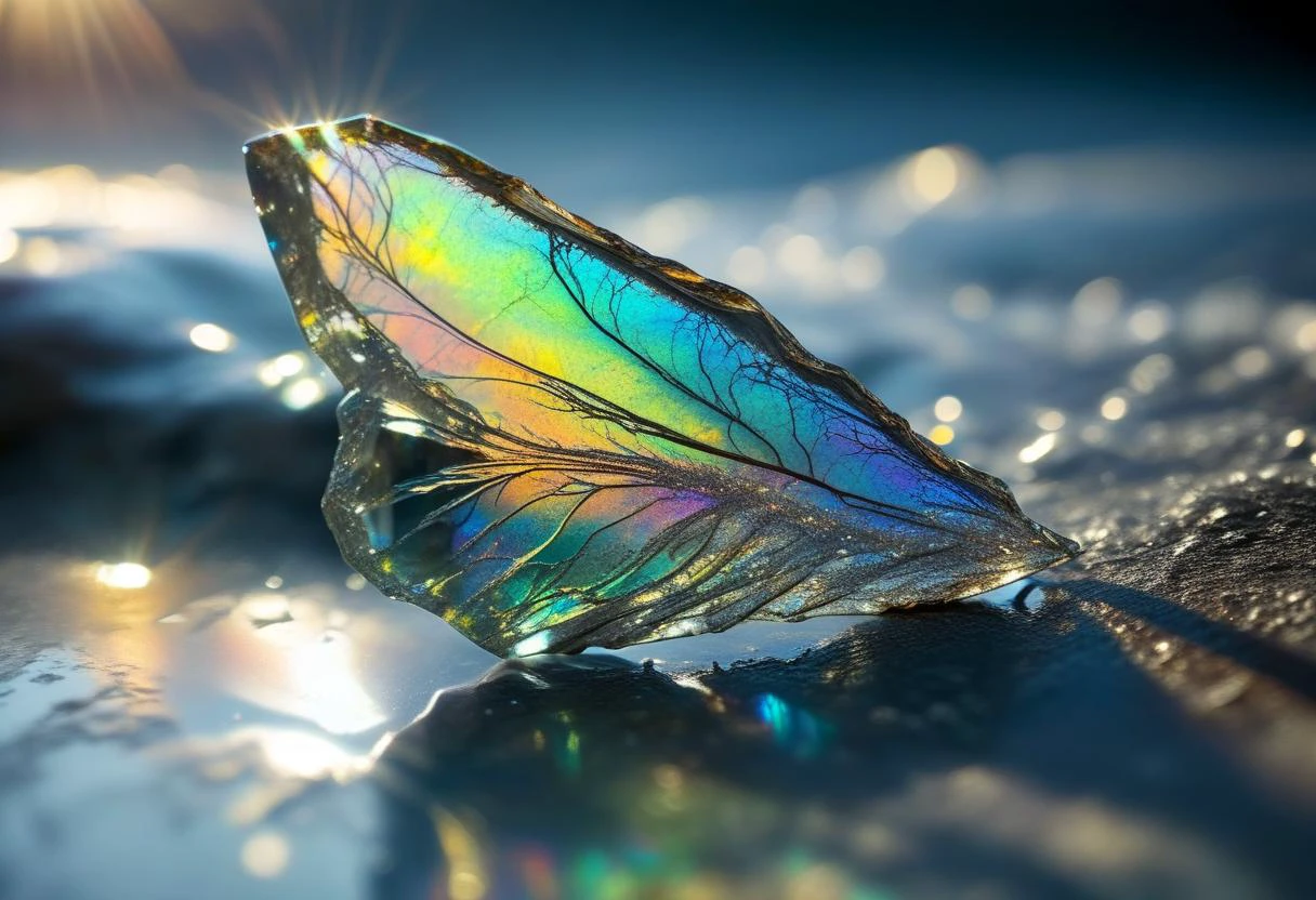 ((extremally close shoot)) (macro shoot), Fairy Wing Opal: A gemstone with a translucent, opalescent appearance, believed to be the remnants of a fairy's ethereal wings. BREAK, realistic, ((photorealistic)), extremely detailed, glass reflection, dark shadows, hard light hard shadows, shallow depth of field,highly detailed, high budget Hollywood film, , ((darkfull )) , detailed, focus on material
