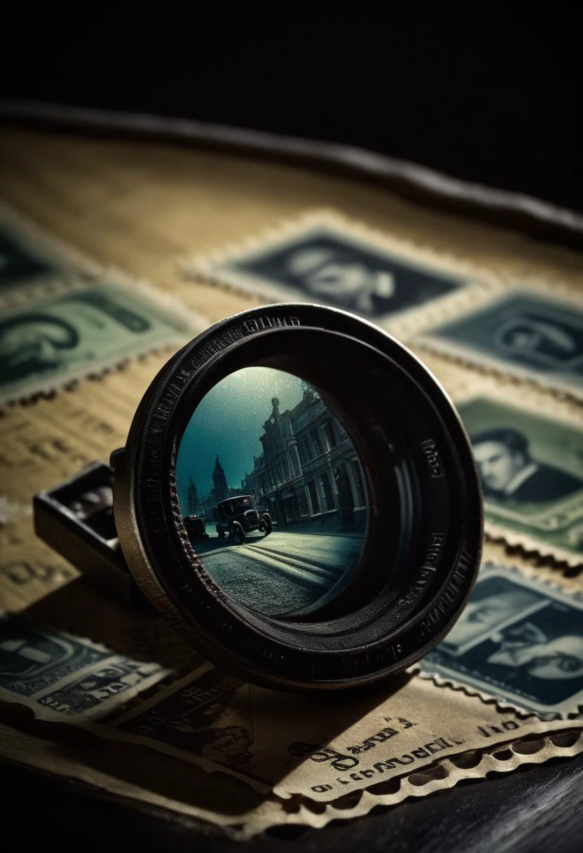 ((cinemtic shoot)) ((close shoot)) Intricate details of a vintage postage stamp BREAK, realistic, ((photorealistic)) rim lights, dark shadows, cinematic scene , movie shoot , dark, , , extremely detailed, glass reflection, dark shadows, hard light hard shadows, ,, shallow depth of field, vignette, highly detailed, high budget Hollywood film, cinemascope, moody, epic, gorgeous, detailed background , ((darkfull )) , detailed