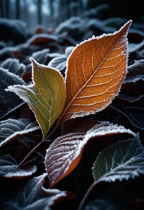 ((cinemtic shoot)) ((close shoot)) Frost-covered leaves: Find leaves with intricate frost patterns along the edges and veins, creating a beautiful contrast between the warm hues of the leaf and the cold, icy frost. BREAK, realistic, ((photorealistic)) rim lights, dark shadows, cinematic scene , shoot , dark, , , extremely detailed, glass reflection, dark shadows, hard light hard shadows, ,, shallow depth of field, vignette, highly detailed, high budget Hollywood film, cinemascope, moody, epic, gorgeous, detailed background , ((darkfull )) , detailed