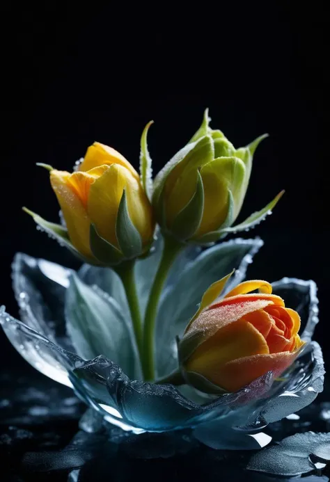 ((cinemtic shoot)) ((close shoot)) Frozen flower buds: Find flower buds encased in ice, preserving their beauty and vibrant colors beneath the frozen surface. BREAK, realistic, ((photorealistic)) rim lights, dark shadows, cinematic scene , shoot , dark, , , extremely detailed, glass reflection, dark shadows, hard light hard shadows, ,, shallow depth of field, vignette, highly detailed, high budget Hollywood film, cinemascope, moody, epic, gorgeous, detailed background , ((darkfull )) , detailed