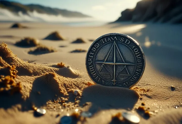 ((extremally close shoot)) (macro shoot),  An old coin, buried in the sand on a deserted island, hiding a treasure map. (photorealistic, adventure, cinematic, 8K)  BREAK,  realistic, ((photorealistic)), extremely detailed, glass reflection, dark shadows, hard light hard shadows, shallow depth of field,highly detailed, high budget Hollywood film,  ,  ((darkfull )) , detailed, focus on material