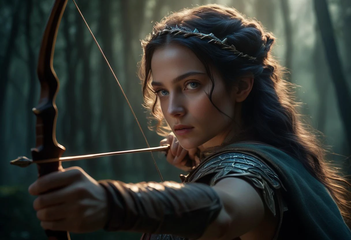 ((cinemtic shoot)) ((fantasy)) , ((rpg)), ((focus on character)), photo of 1 girl, ite body, 18 yo girl, slender, small breasts , shaggy hair from imperials , as ranger - light armor, archer with bow, long bow ,, aiming with bow, arrows , , crazy face BREAK, perfect detailed face, intricated skin, realistic, ((photorealistic)) rim lights, dark shadows, cinematic scene , movie shoot , dark, zPDXL , , defined muscles, extremely detailed, glass reflection, dark shadows, detailed hands, (realistic fingers:1.3), hard light hard shadows, ,vellus,subcutaneous veins,, shallow depth of field, vignette, highly detailed, high budget Hollywood film, cinemascope, moody, epic, gorgeous, detailed background , ((darkfull )) , detailed realistic toes SK_Fantasy
