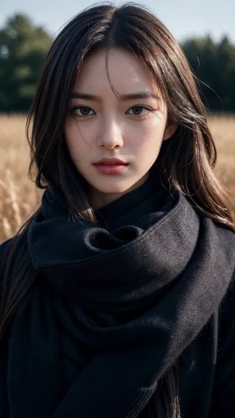 8k, best quality, masterpiece, realistic, ultra detail, photo realistic, Increase quality, 
a photo of a girl standing in a field with a scarf, in the style of dark and brooding designer, voluminous mass, photobash, serene faces, jagged edges, navy, natural beauty, close-up shot
<lora:koreanDollLikeness_v15:0.3>, <lora:more_details:0.3>,