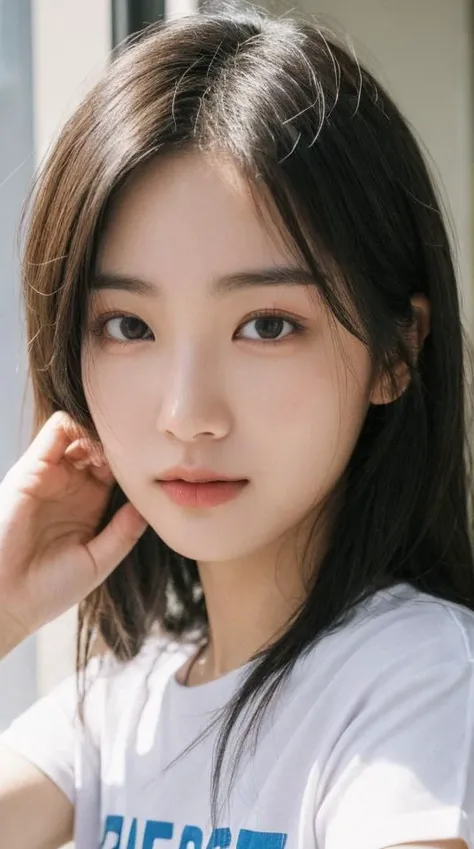 low quality, SD, amature photo,, face close-up, slender, finely detailed face, shy, beautiful details eyes, 19years old korean, pretty, (best quality real texture skin:1.4), t-shirts, wind, <lora:Velvia2:0.5>