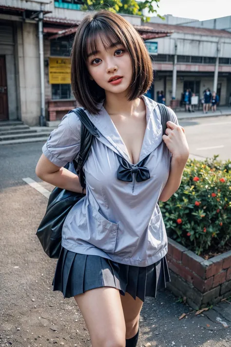 (((realistic))),
((medium_shot)),
((_girl)),bob cut,straight_hair,(large breasts:1.3),thick thigh,(tight),
,slightly open mouth,((dynamic poses)),
thai junior high school uniform,
((school)),
thai city,
Carrying a backpack,<lora:add_detail:1>,<lora:thai_junior_highschool_girl_uniform:1>,