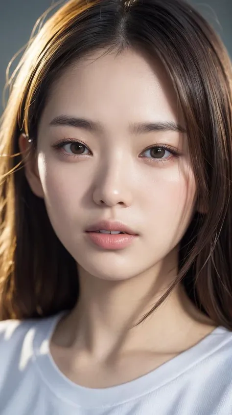 8k, best quality, masterpiece, realistic, ultra detail, photography, HDR, ROW photo, highres, absurdres, smoother light, official art, depth of field, (brightening light:1.1), face close-up, slender, finely detailed face, shy, beautiful details eyes, 19years old korean, pretty, (best quality real texture skin:1.4), t-shirts, wind, <lora:FilmGX4:1>