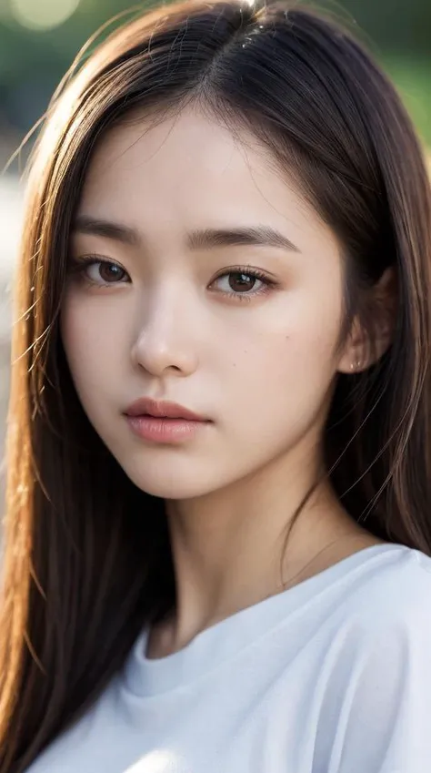 8k, best quality, masterpiece, realistic, ultra detail, photography, HDR, ROW photo, highres, absurdres, smoother light, official art, depth of field, (brightening light:1.1),
face close-up, slender, finely detailed face, shy, beautiful details eyes, 19years old korean, pretty, (best quality real texture skin:1.4),
t-shirts, wind,