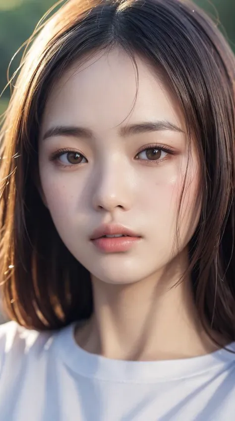 8k, best quality, masterpiece, realistic, ultra detail, photography, amature photo,
face close-up, slender, finely detailed face, shy, beautiful details eyes, 19years old korean, pretty, (best quality real texture skin:1.4),
t-shirts, wind,