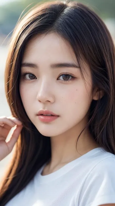 face close-up, slender, finely detailed face, shy, beautiful details eyes, 19years old korean, pretty, (best quality real texture skin:1.4),
t-shirts, wind,
