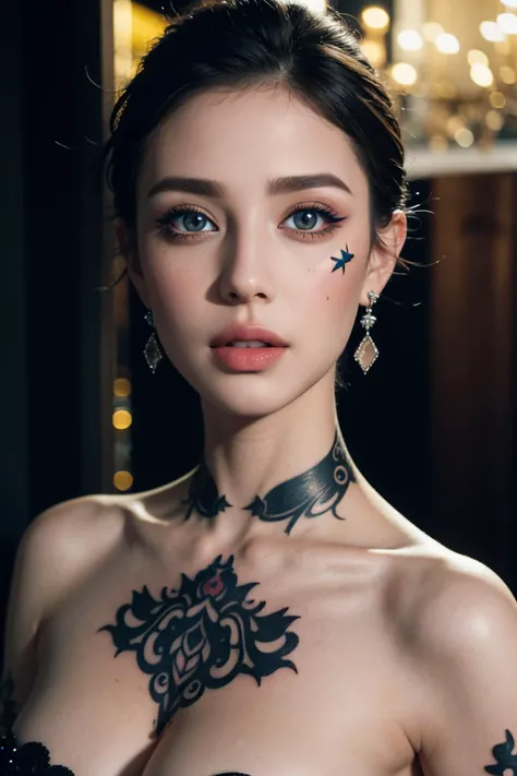 1girl,short haircut,aqua eyes,(thick lips),skull_earrings,
((geomatics tattoo)),pale skin,
night,(in paris),indoors,
masterpiece,best quality,realistic,highres,8k,<lora:GoodHands-vanilla:1>,
