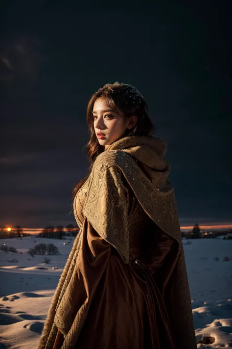 medium_shot,from behind,Award-winning photos,
OverallDetail,(medieval girl),
(extremely intricate:1.3),
luxurious outfit,huge breasts,cloak,
(outdoors),winter,sunset,cityscape,scenery,((snowing)),((windy)),sky,dramatic,(cinematic lighting),
octane render,unreal engine,(((realistic))),((masterpiece)),best quality,highres,<lora:more_details:1>,<lora:add_sharpness:1.5>,