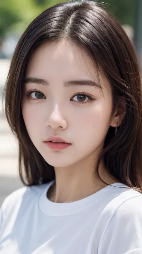 8k, best quality, masterpiece, realistic, ultra detail, photography, photo by iphone 13 mini, highres, absurdres,
face close-up, slender, finely detailed face, shy, beautiful details eyes, 19years old korean, pretty, (best quality real texture skin:1.4),
t-shirts, wind,