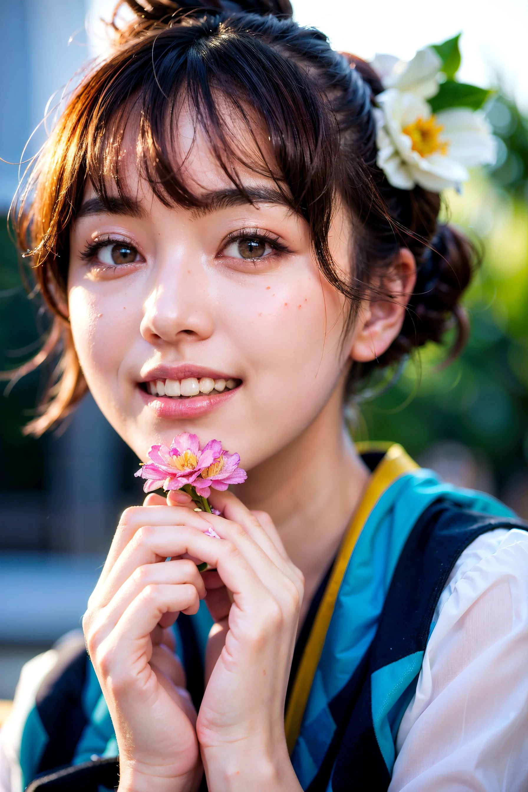 8k, best quality, masterpiece, realistic, ultra detail, photo realistic, hyper realistic, smoother lighting, increase cinematic lighting quality, realistic lighting, backlighting, brightening light, Increase quality, best quality real texture skin, close-up, slender, (cute face:1.4), smile, beautiful details eyes, 19years old korean girl, pretty, shirt, leggings, mountain,
,dreamy, fantasy, beauty, virtual girlfriend, matte skin, skin pores, holding "pink flower" on hand <lora:blade-doodle_v2.0:0.7>