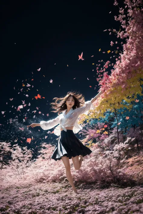 style of Hiroshi Yoshida,
happy ([Yui Aragaki | Satomi Ishihara]:0.9), [papercraft:0.1], action pose, color splash, [fractal art:0.1], intricate abstract background, tornado, liquid