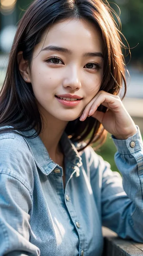 8k, best quality, masterpiece, realistic, ultra detail, photo realistic, hyper realistic, smoother lighting, increase cinematic lighting quality, realistic lighting, backlighting, brightening light, Increase quality, best quality real texture skin,
close-up, slender, (cute face:1.4), smile, beautiful details eyes, 19years old korean girl, pretty, city, jean shirt,