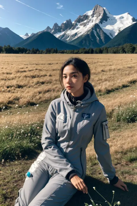 A mixed race woman in a grey space suit sitting in a tall grass, holding flowers, field, mountains in the background, warm palette, sunlight, amateur photo, film grain