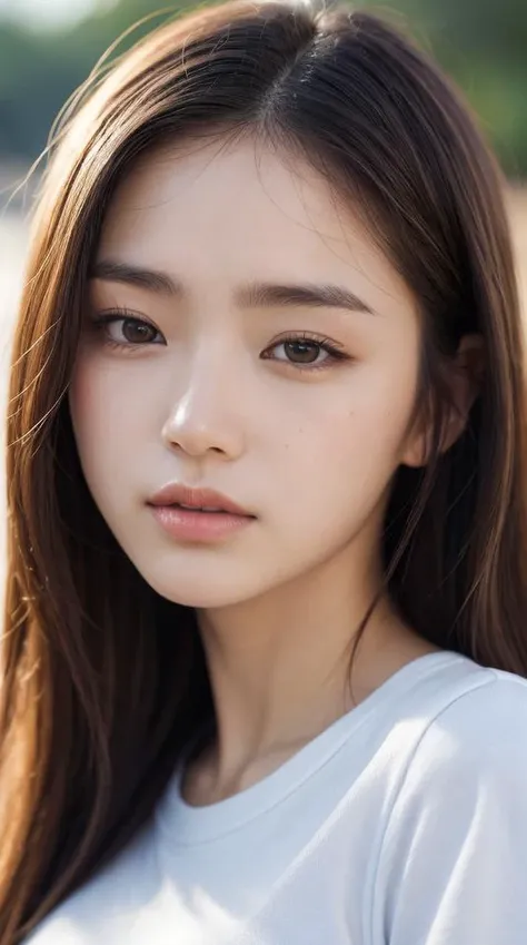 8k, best quality, masterpiece, realistic, ultra detail, photography, photo taken by iphone 13 mini, highres, absurdres, smoother light, official art, depth of field, (brightening light:1.1),
face close-up, slender, finely detailed face, shy, beautiful details eyes, 19years old korean, pretty, (best quality real texture skin:1.4),
t-shirts, wind,