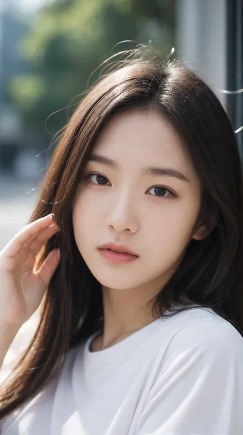 8k, best quality, masterpiece, realistic, ultra detail, photography, HDR, ROW photo, highres, absurdres, smoother light, official art, depth of field, (brightening light:1.1), face close-up, slender, finely detailed face, shy, beautiful details eyes, 19years old korean, pretty, (best quality real texture skin:1.4), t-shirts, wind, <lora:FilmG4:1>